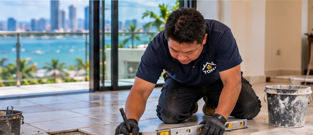 Maintenance team member tiling a floor in a Pattaya condominium