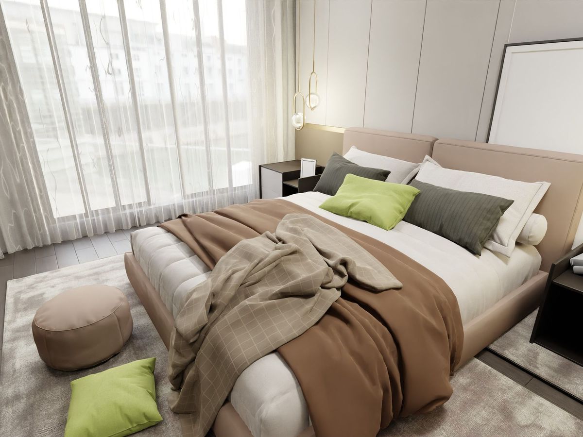 Hotel guest room with a made bed